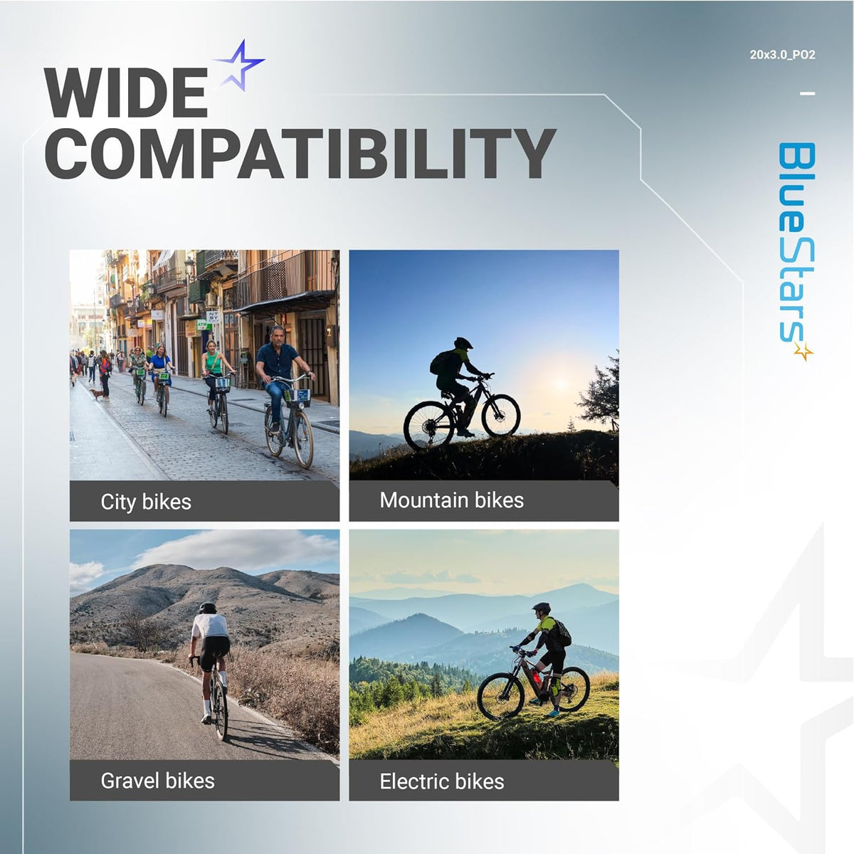 Infographic showing wide compatibility of 20x3.0 inch bike inner tubes with city, mountain, gravel, and electric bikes.