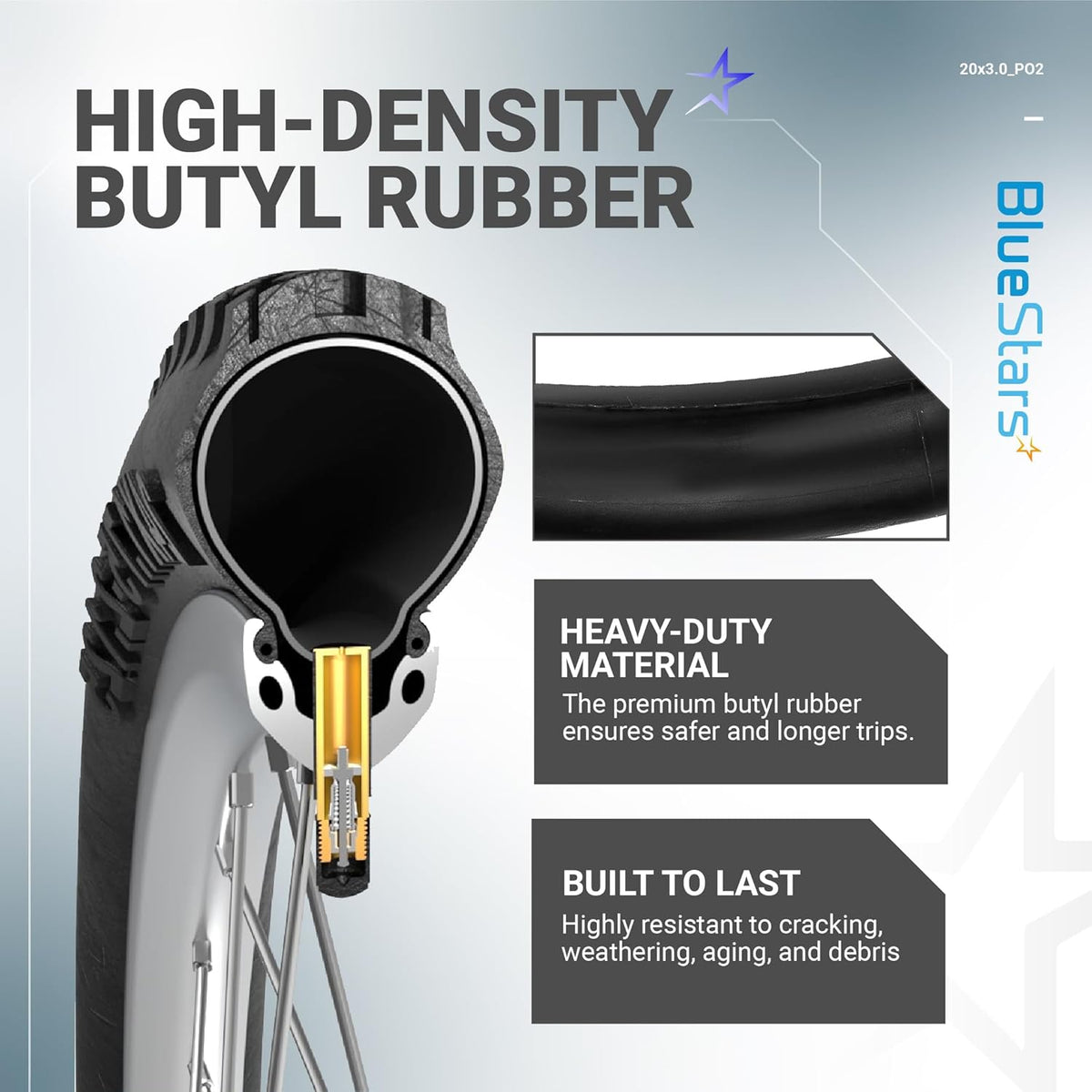 Cross-section diagram of 20x3.0 inch bike inner tube showing high-density butyl rubber construction and valve detail.