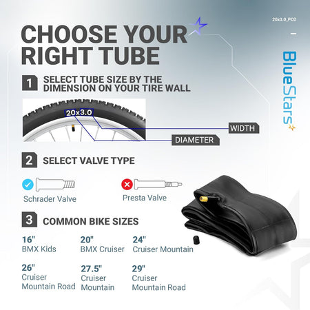 Infographic guide for selecting 20x3.0 inch bike inner tubes with Schrader valve compatibility.