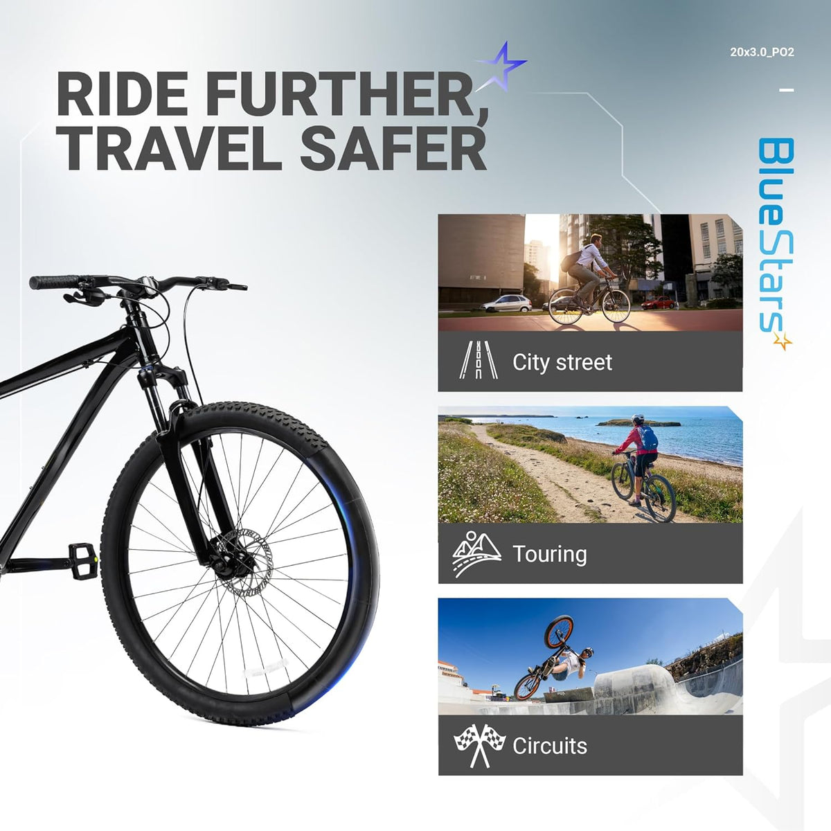 BlueStars 20x3.0 inch bike inner tube lifestyle infographic showing city, touring, and circuit riding applications.