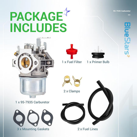 95-7935 carburetor kit including fuel filter, primer bulb, clamps, gaskets, and fuel lines for Toro snowblowers.