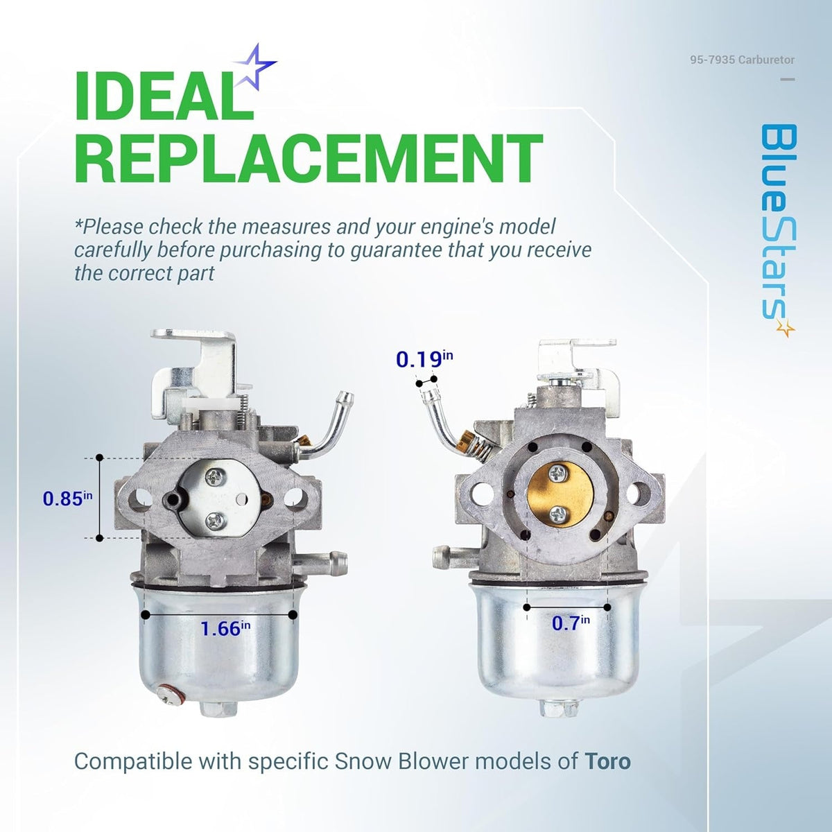 95-7935 carburetor replacement for Toro snowblowers showing dimensional measurements for compatibility verification.