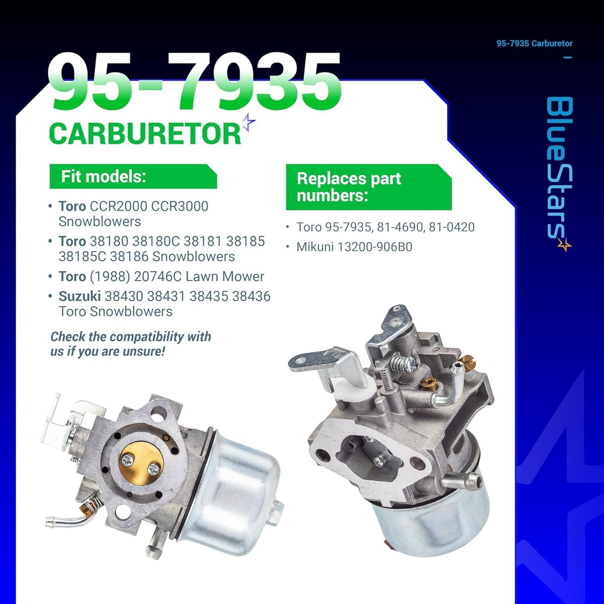95-7935 carburetor for Toro and Suzuki snowblowers shown in an informational product compatibility graphic.