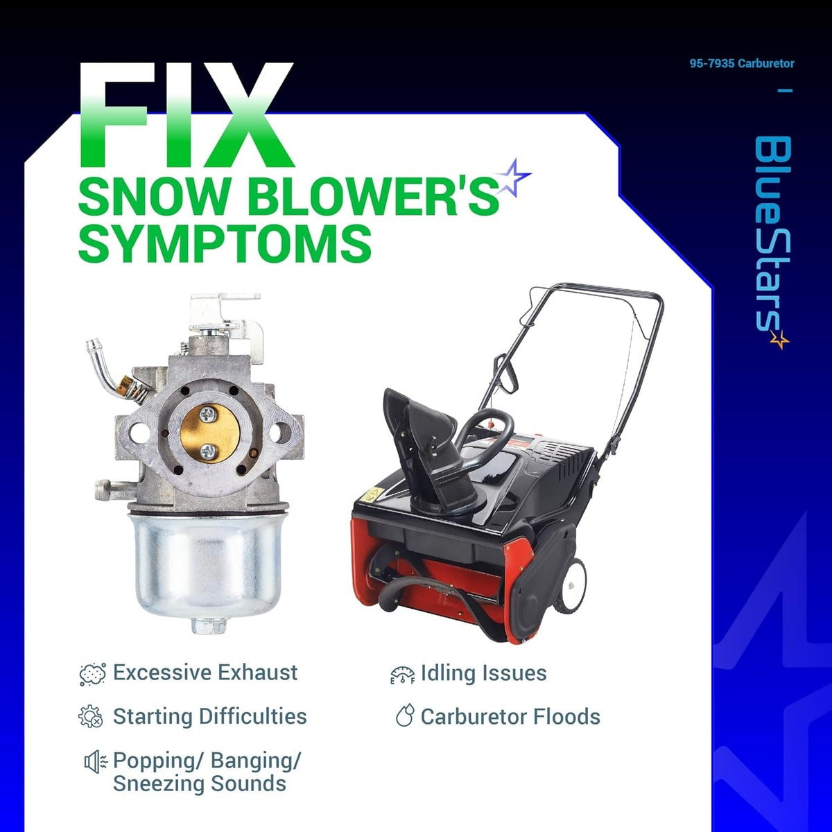 95-7935 carburetor replacement for Toro snowblowers showing common engine symptoms and repair solutions.