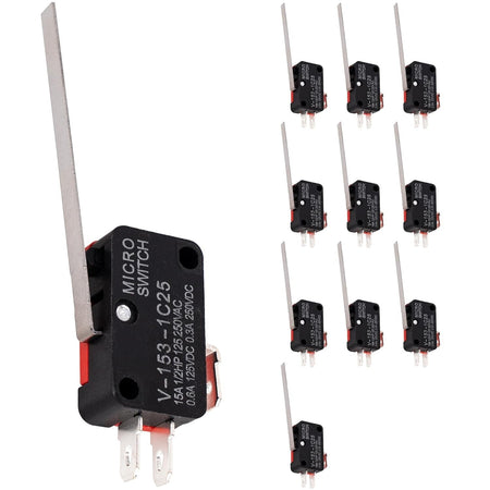 Set of ten V-153-1C25 momentary micro limit switches with long hinge blade levers.