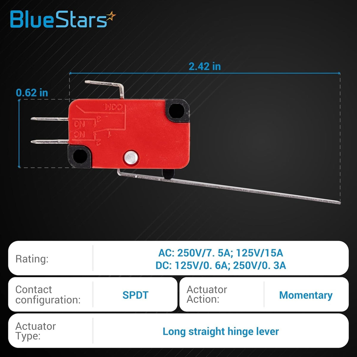 V-153-1C25 micro limit switch with long straight hinge lever and dimensions diagram.