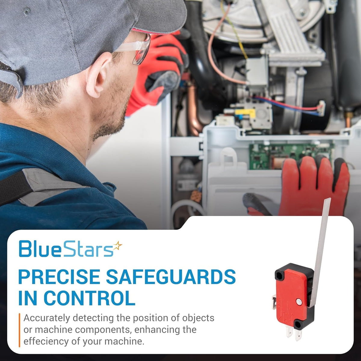 V-153-1C25 micro limit switch with long blade lever shown in a product marketing graphic.