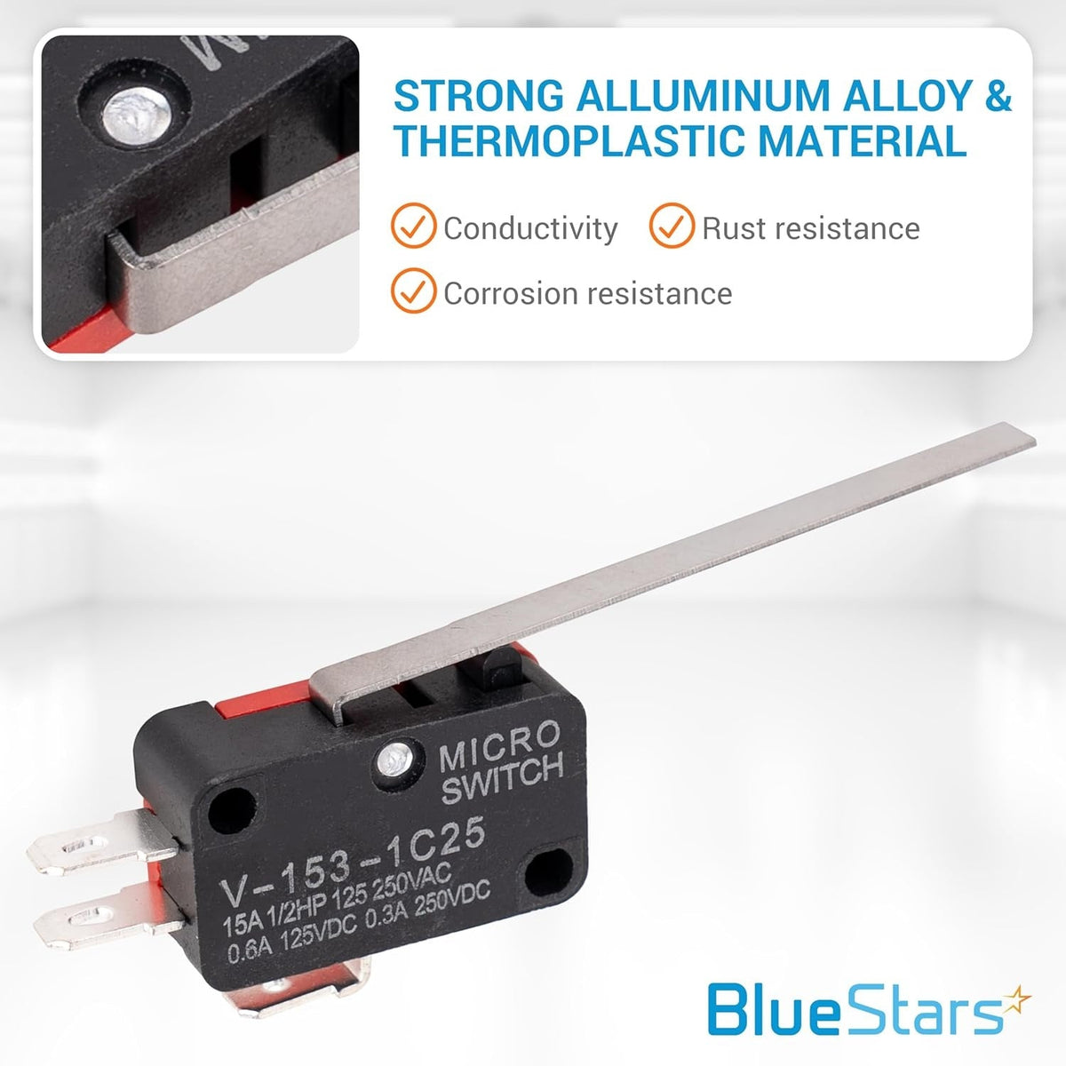 V-153-1C25 micro limit switch with long blade lever and thermoplastic housing featuring material specifications.