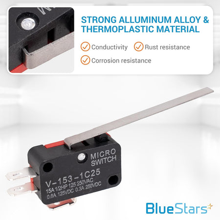V-153-1C25 micro limit switch with long blade lever and thermoplastic housing featuring material specifications.