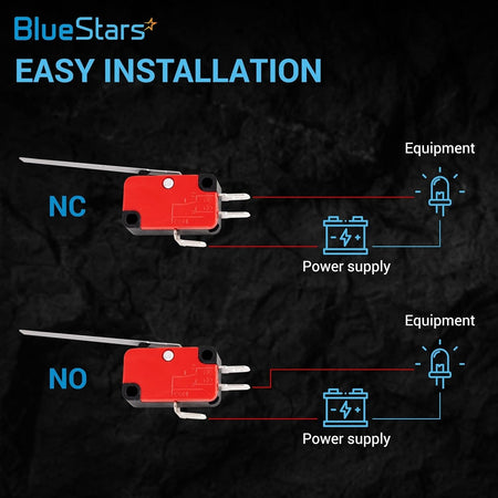 V-153-1C25 micro limit switch installation diagram showing NC and NO wiring configurations for power supply and equipment.