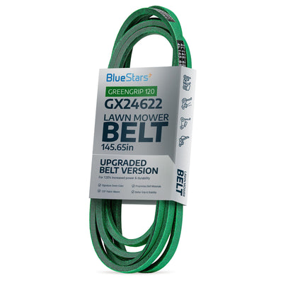 GX26422 green mower deck belt in BlueStars branded packaging for John Deere ZTrak zero turn mowers.