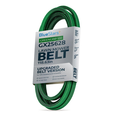 Green GX25628 replacement deck belt for John Deere Z300 series mowers in branded packaging.