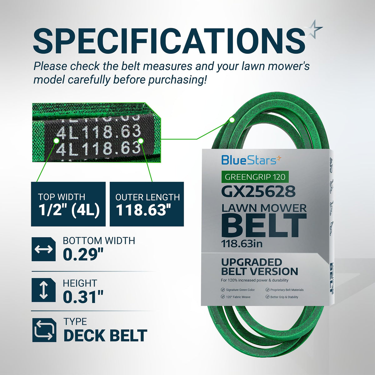 GX25628 deck belt specifications chart showing dimensions and 118.63-inch length for John Deere Z300 series mowers.