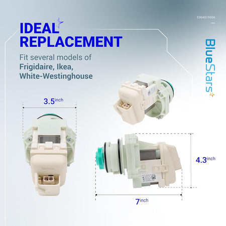 5304519906 dishwasher pump and motor assembly showing dimensions and compatibility for Frigidaire, IKEA, and Westinghouse.