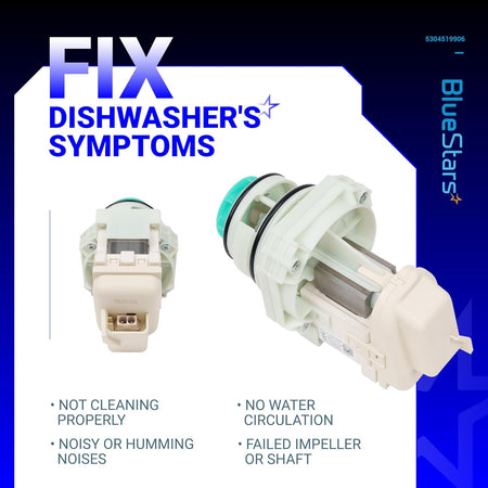 5304519906 dishwasher pump and motor assembly showing common repair symptoms and component angles.