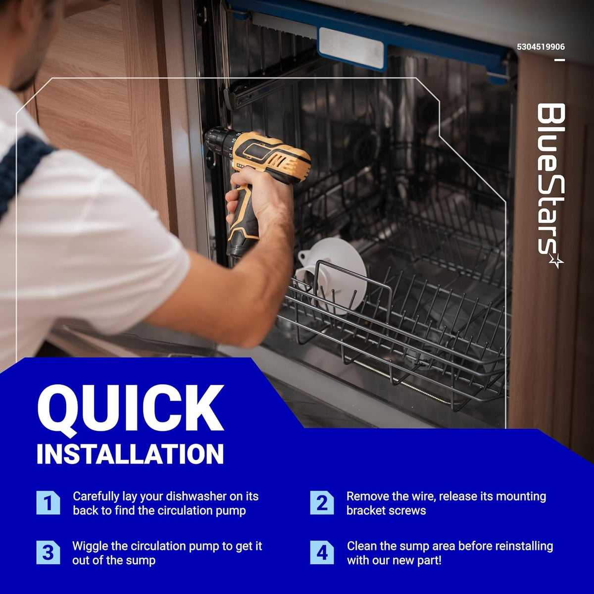Technician using a drill to install a 5304519906 dishwasher pump and motor assembly with quick installation steps.