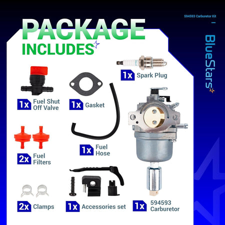 594593 carburetor kit components including carburetor, fuel filters, shut-off valve, spark plug, hose, and accessories.