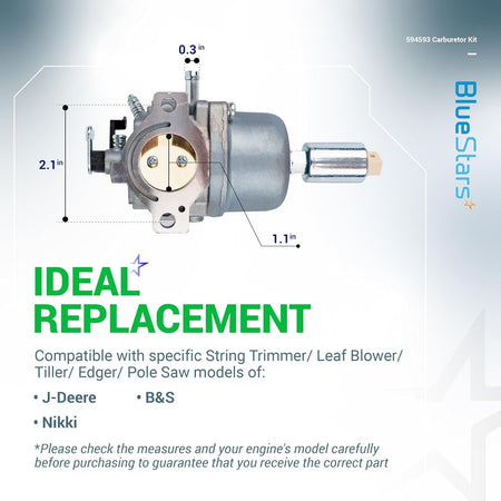 594593 carburetor replacement for John Deere lawn tractors with labeled dimensions for compatibility verification.