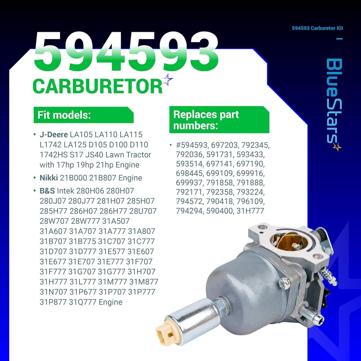 594593 carburetor replacement for John Deere lawn tractors with compatibility and part number reference chart.