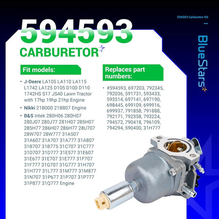 594593 carburetor replacement for John Deere lawn tractors with compatibility and part number reference chart.