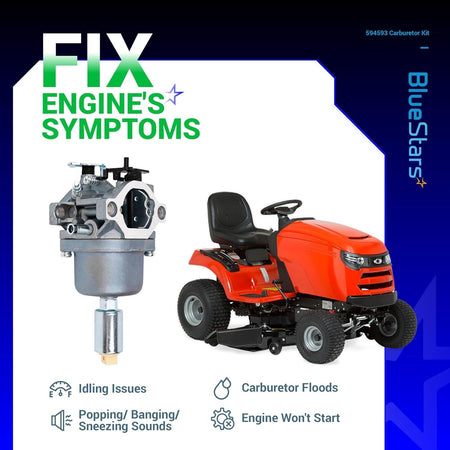 594593 carburetor kit for John Deere lawn tractors shown with symptoms of engine starting and idling issues.