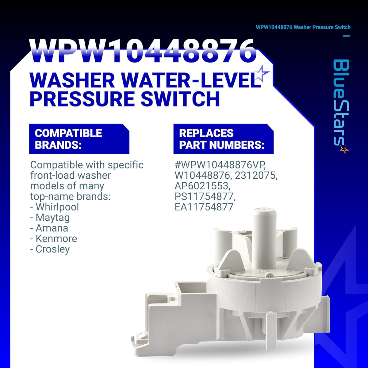 WPW10448876 washer water level pressure switch replacement part shown on an informational product graphic.