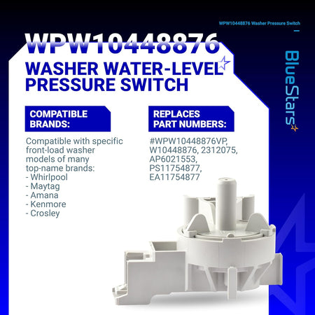 WPW10448876 washer water level pressure switch replacement part shown on an informational product graphic.