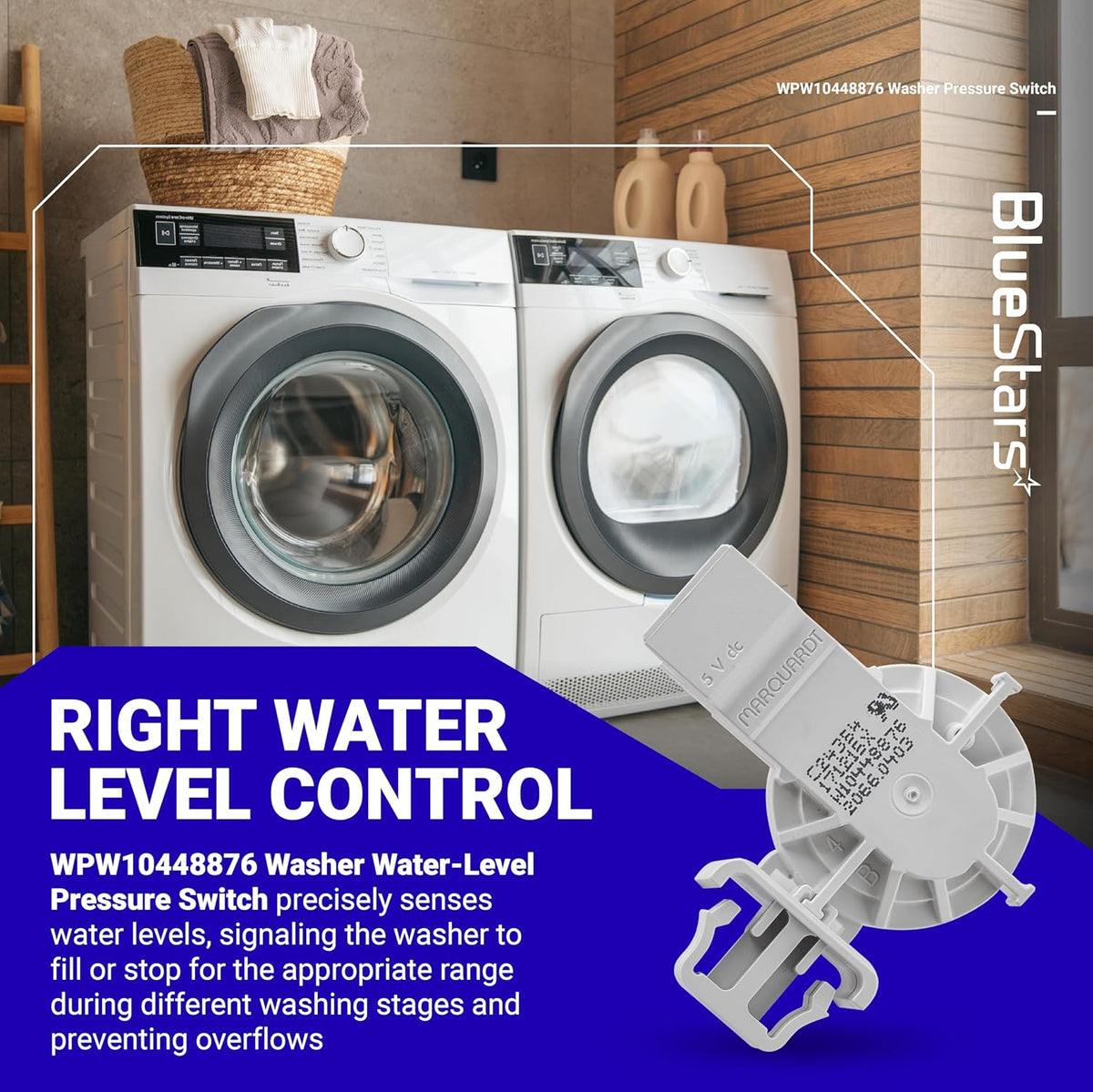 WPW10448876 washer water level pressure switch replacement part shown with laundry room background graphic.