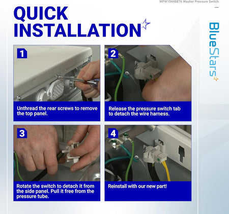 Four-step installation guide for WPW10448876 washer water level pressure switch.