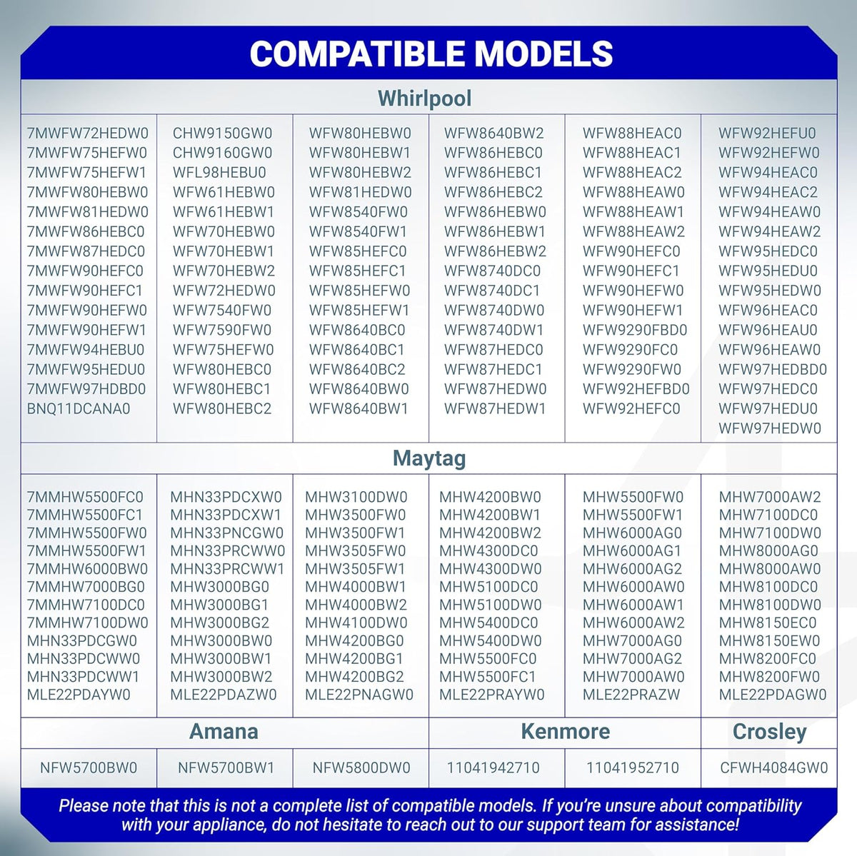 List of compatible washer models for WPW10448876 water level pressure switch.