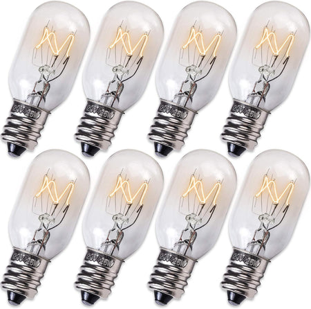 Set of eight E12 T20 25W incandescent salt lamp replacement bulbs with clear glass and visible filaments.