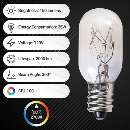 Single E12 T20 25W incandescent salt lamp bulb with technical specifications chart.