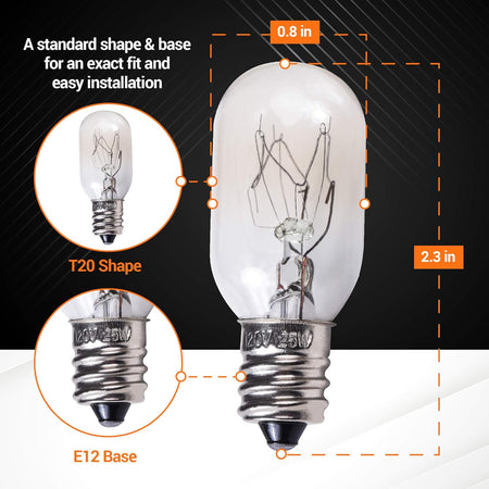 Diagram showing dimensions of a 25W T20 incandescent bulb with an E12 base for salt lamps.