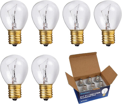 Six 25W S11 lava lamp bulbs with E17 bases and a cardboard storage box.