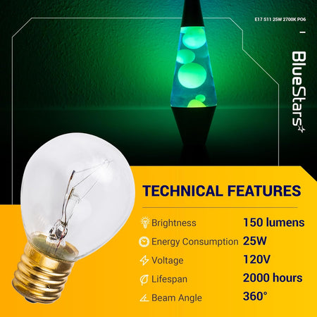 Single 25 watt E17 base S11 lava lamp bulb with technical specifications and lava lamp background.