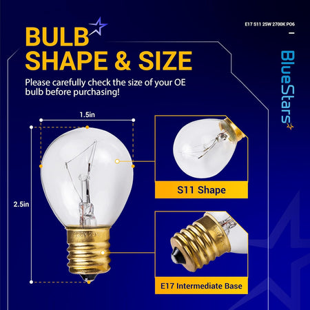 Infographic showing dimensions, S11 shape, and E17 base details for 25-watt lava lamp bulbs.