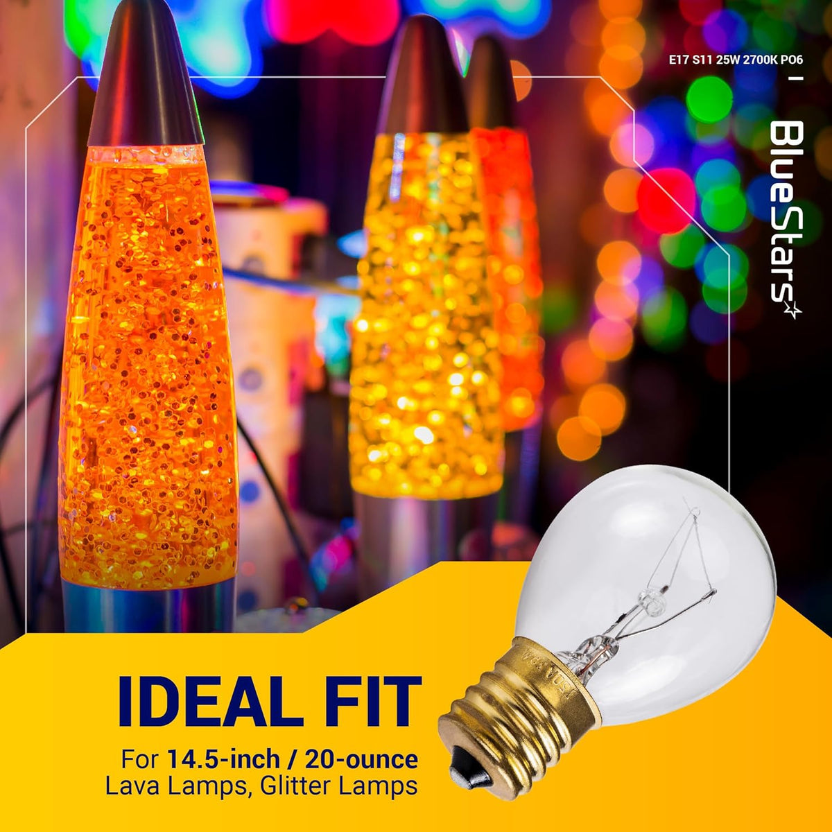 25 Watt E17 base S11 replacement bulb for lava lamps shown with compatible glitter lamp background.