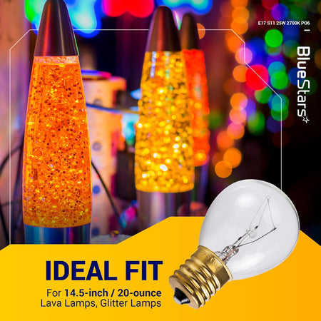 25 Watt E17 base S11 replacement bulb for lava lamps shown with compatible glitter lamp background.