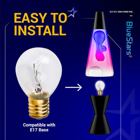 25 Watt S11 lava lamp bulb with E17 base shown with installation diagram for a lava lamp.