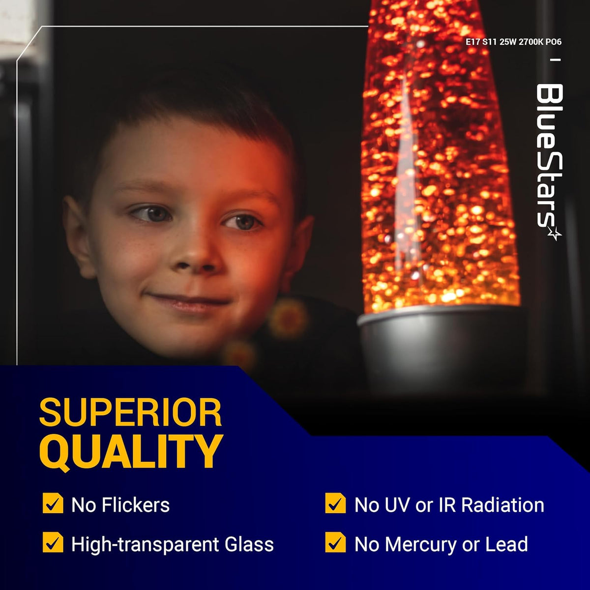 Child watching a glowing lava lamp powered by a 25W E17 S11 bulb, highlighting superior quality and safety features.