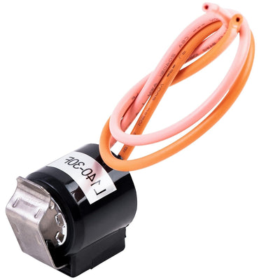 WR50X10065 refrigerator defrost thermostat with metal mounting clip and orange wire leads.