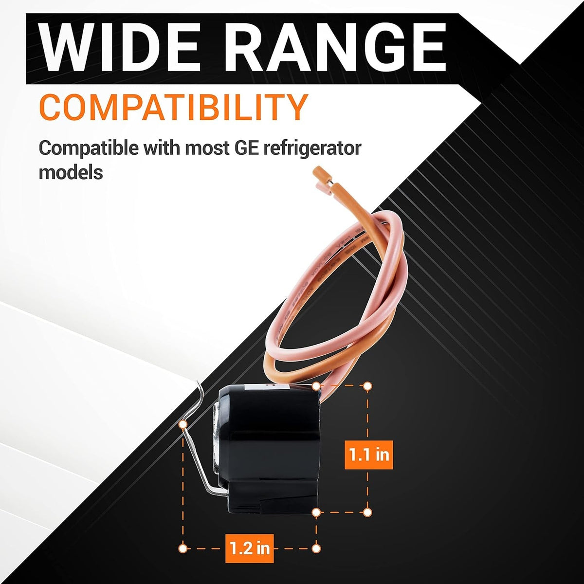 WR50X10065 refrigerator defrost thermostat showing dimensions and wide compatibility for GE refrigerator models.