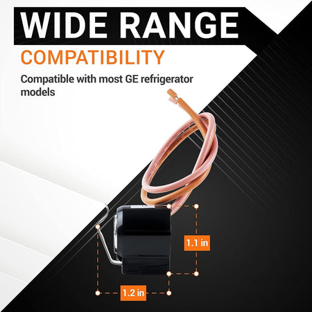 WR50X10065 refrigerator defrost thermostat showing dimensions and wide compatibility for GE refrigerator models.