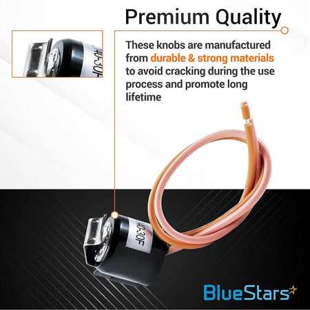 WR50X10065 refrigerator defrost thermostat with close-up view of durable construction and wire leads.