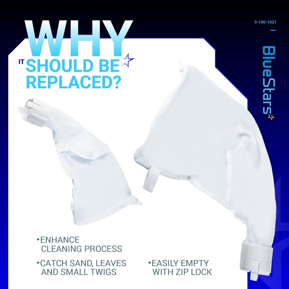Two white zippered all-purpose replacement bags for Polaris 360 and 380 pool cleaners shown in an infographic.