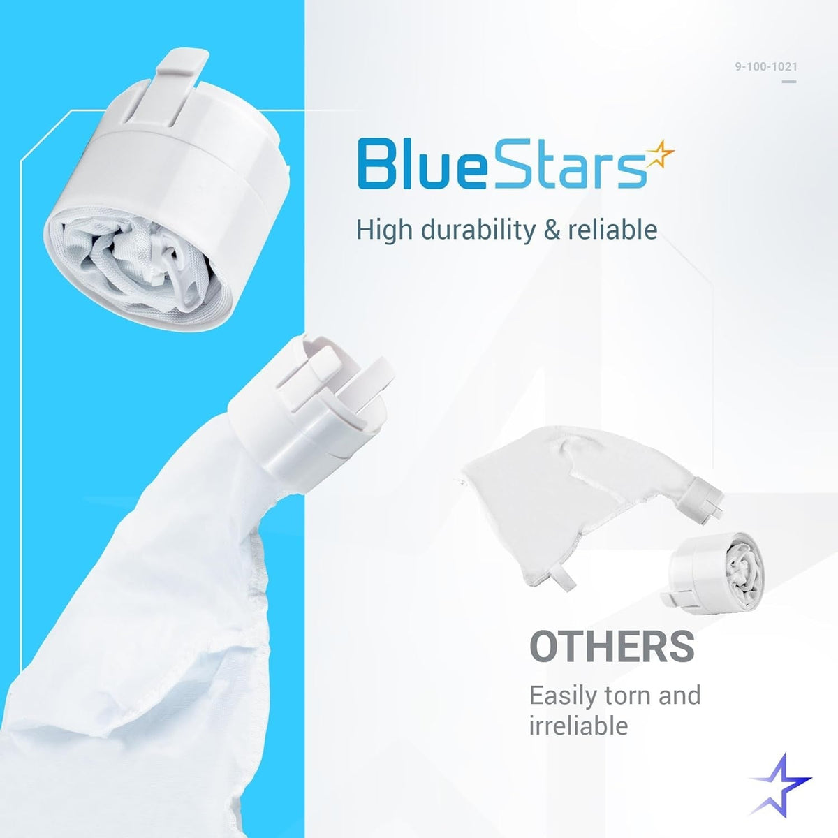 Comparison graphic showing BlueStars 9-100-1021 all-purpose pool cleaner bag durability versus standard bags.