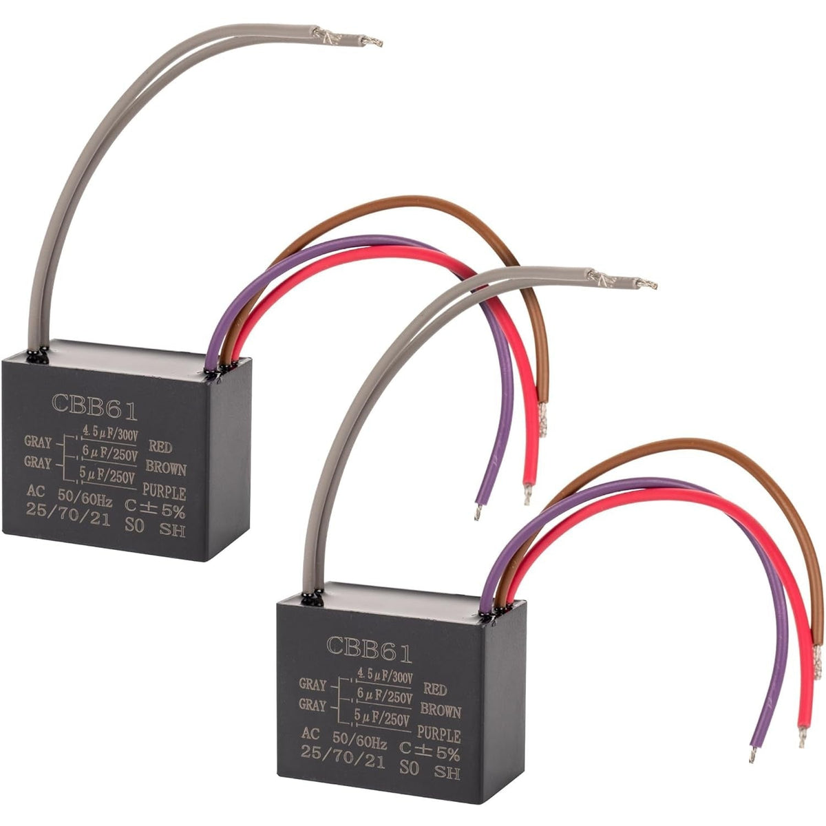 Two CBB61 5-wire ceiling fan capacitors with 4.5uf, 6uf, and 5uf ratings.