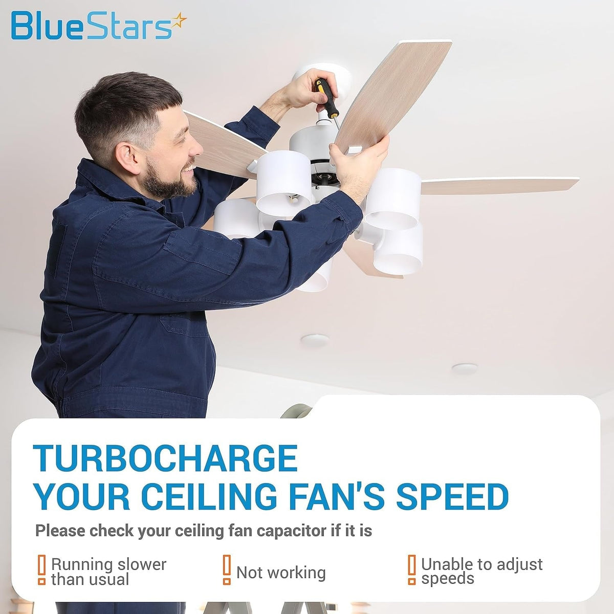 Technician repairing a ceiling fan to fix speed issues related to a faulty CBB61 capacitor.