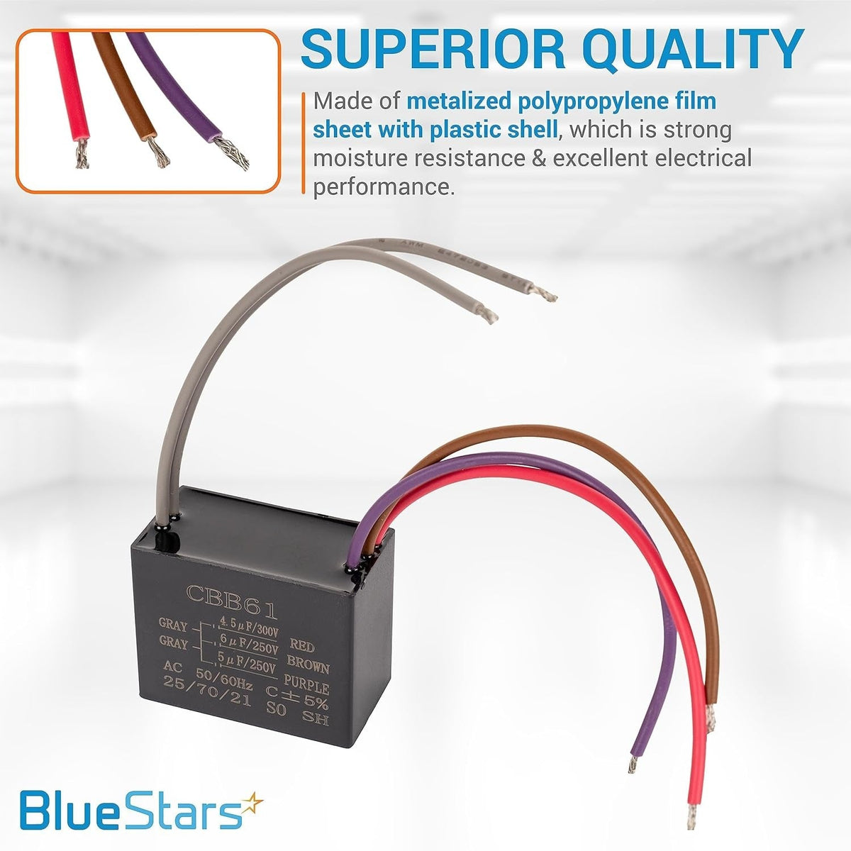 CBB61 4.5uf+6uf+5uf 5-wire ceiling fan capacitor with black plastic housing and color-coded wiring.