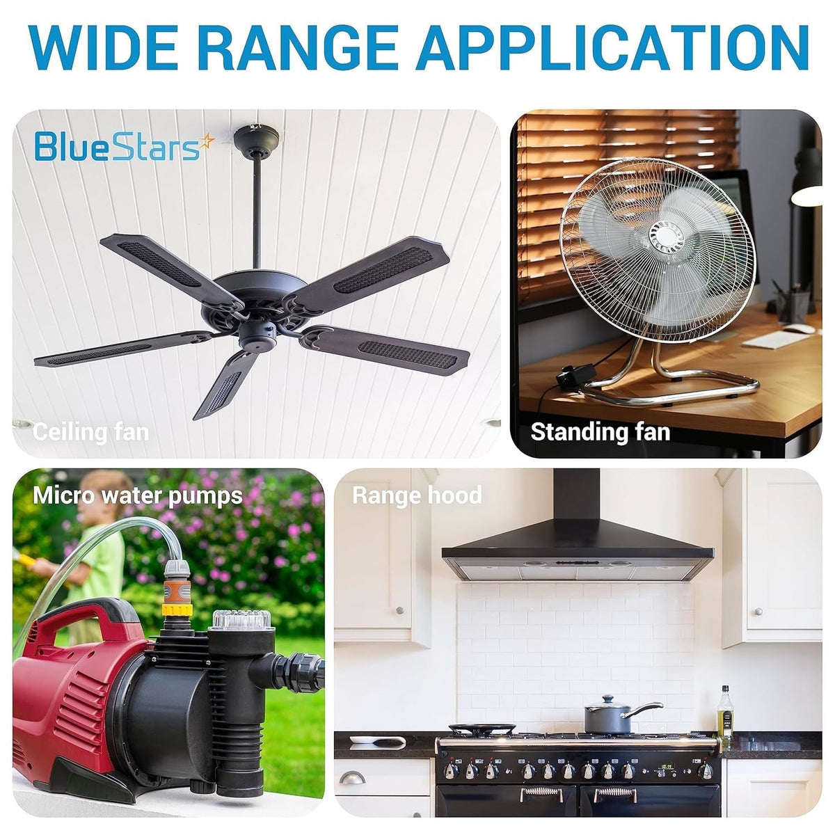 Collage showing wide range of applications for CBB61 ceiling fan capacitor including fans, pumps, and range hoods.